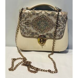 Vintage Handbag chain Handle Cream Turkish Rug Inspired Sling Purse from Turkey
